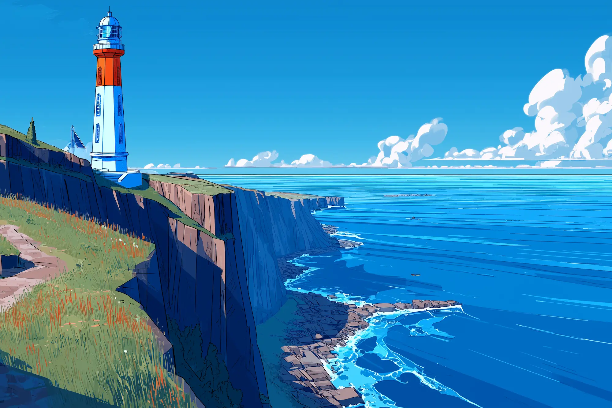A tall red and white lighthouse standing on grassy cliffs overlooking a blue ocean under a clear sky with scattered clouds.