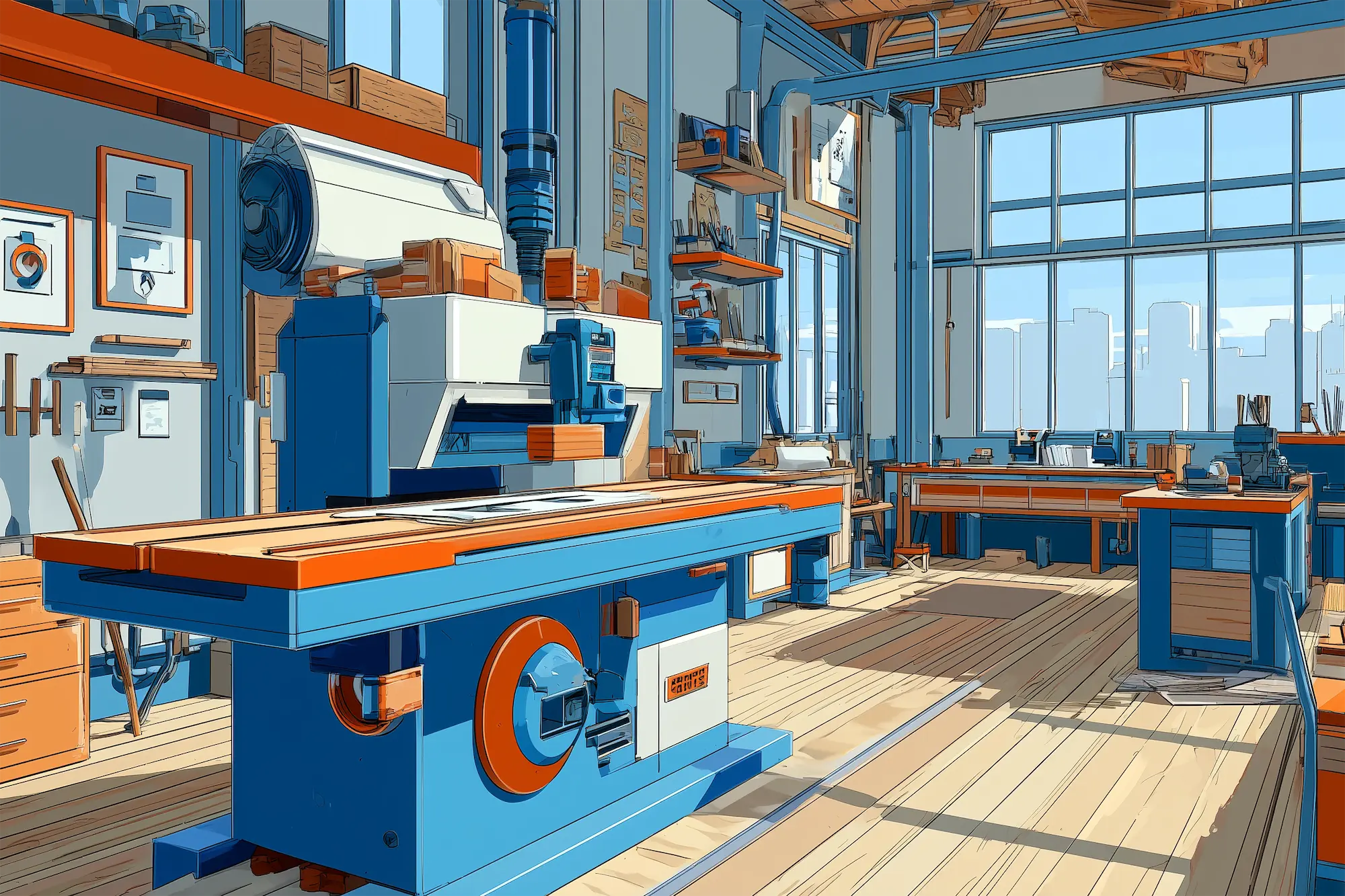 Bright woodworking workshop with large blue and orange machinery, wooden floors, shelves, and large windows overlooking a cityscape.