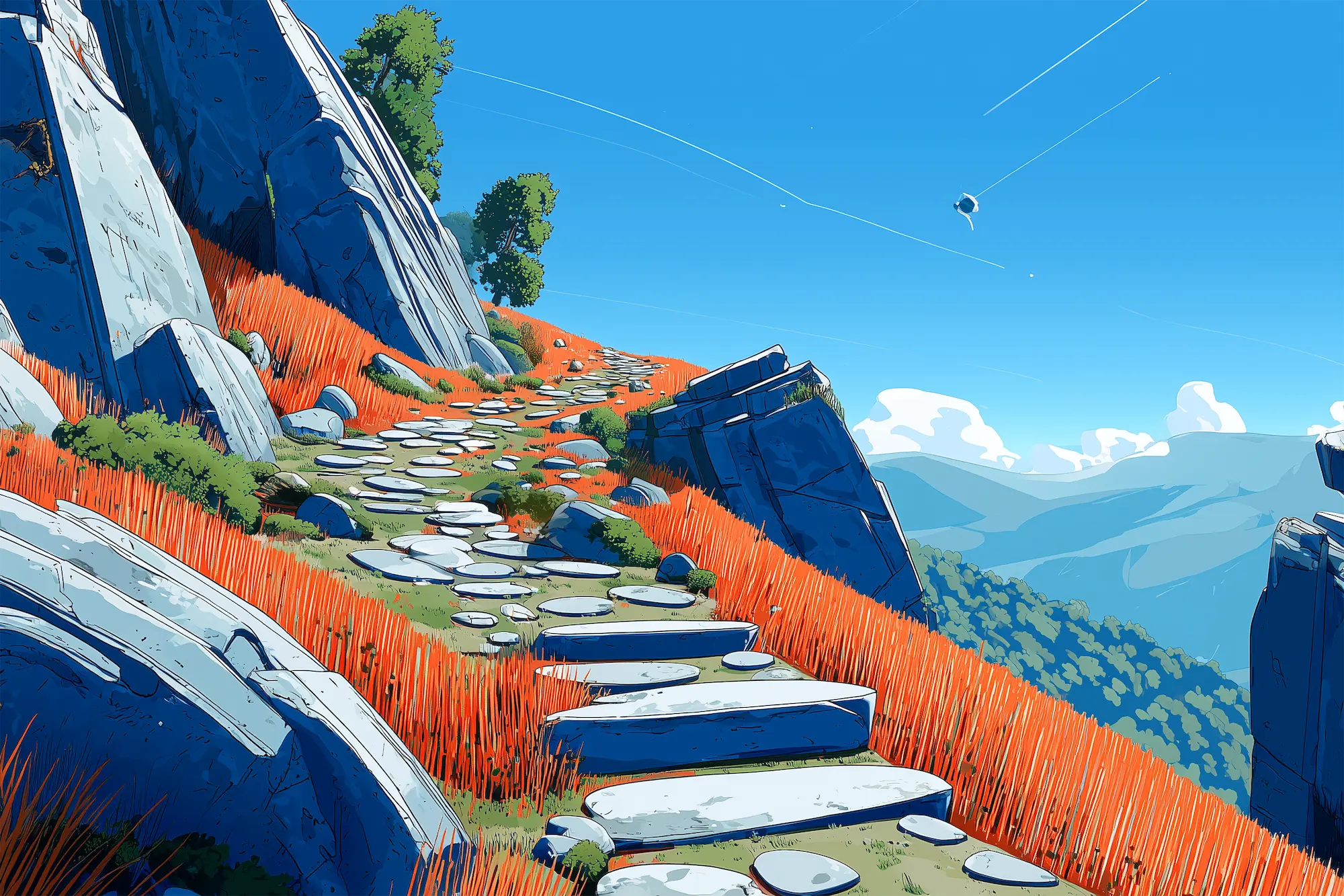 Stone path winding uphill through orange grass and large blue-gray rocks under a clear blue sky with distant mountains.