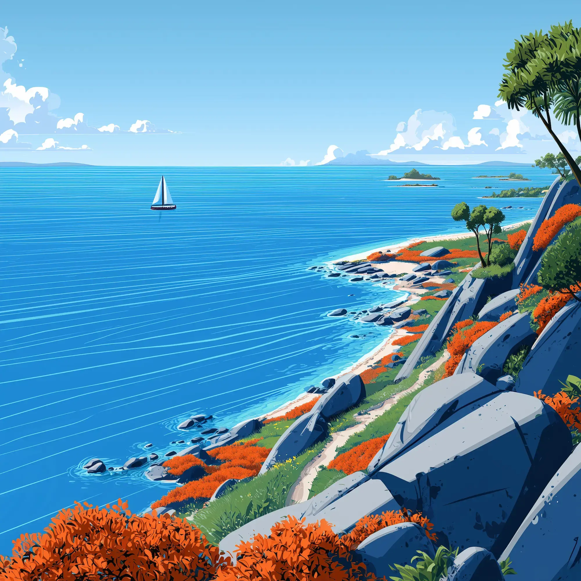 Sailboat on calm blue ocean near a rocky coastline with orange bushes and green trees under a clear sky.