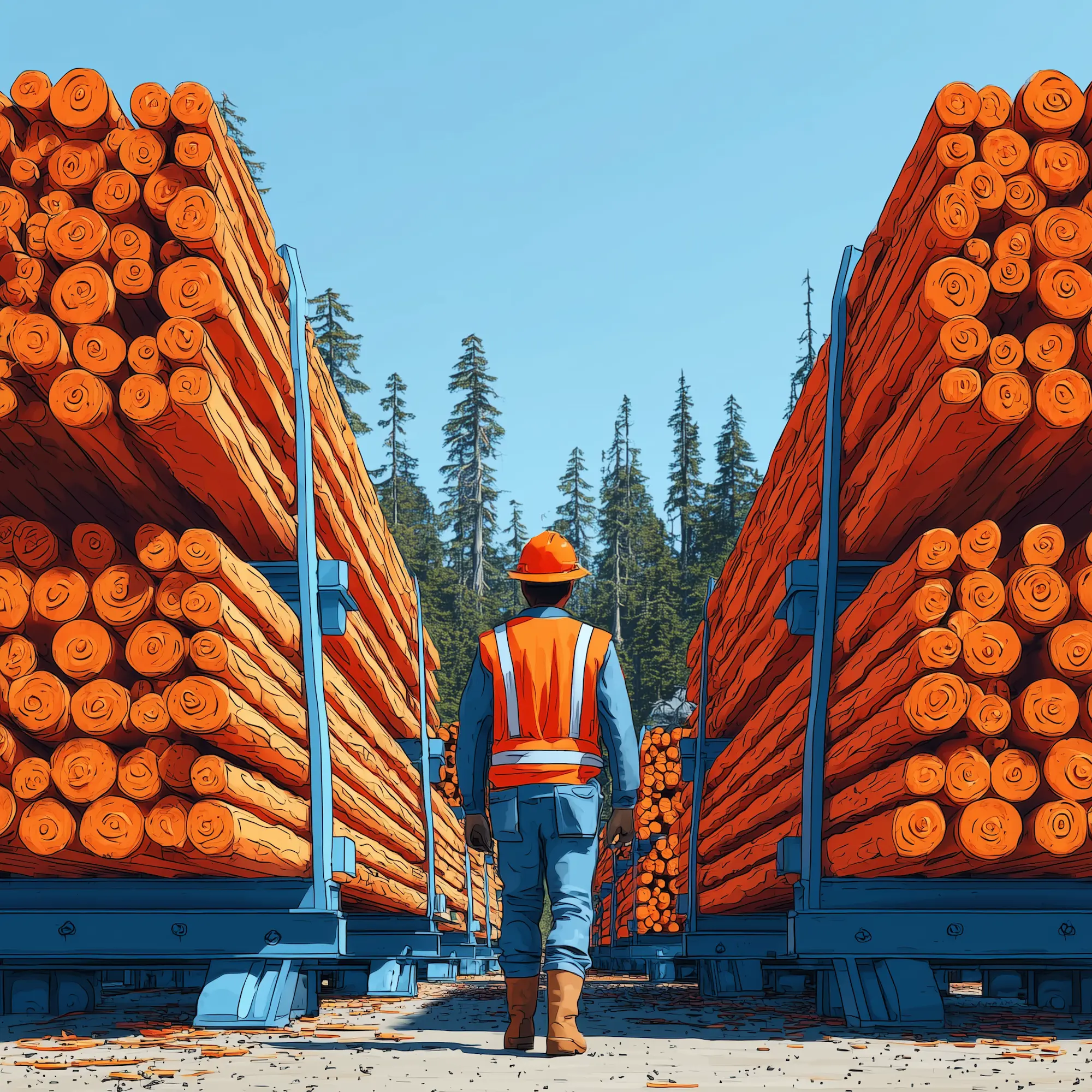 Worker in orange safety vest and helmet walking between stacks of large cut logs outdoors.