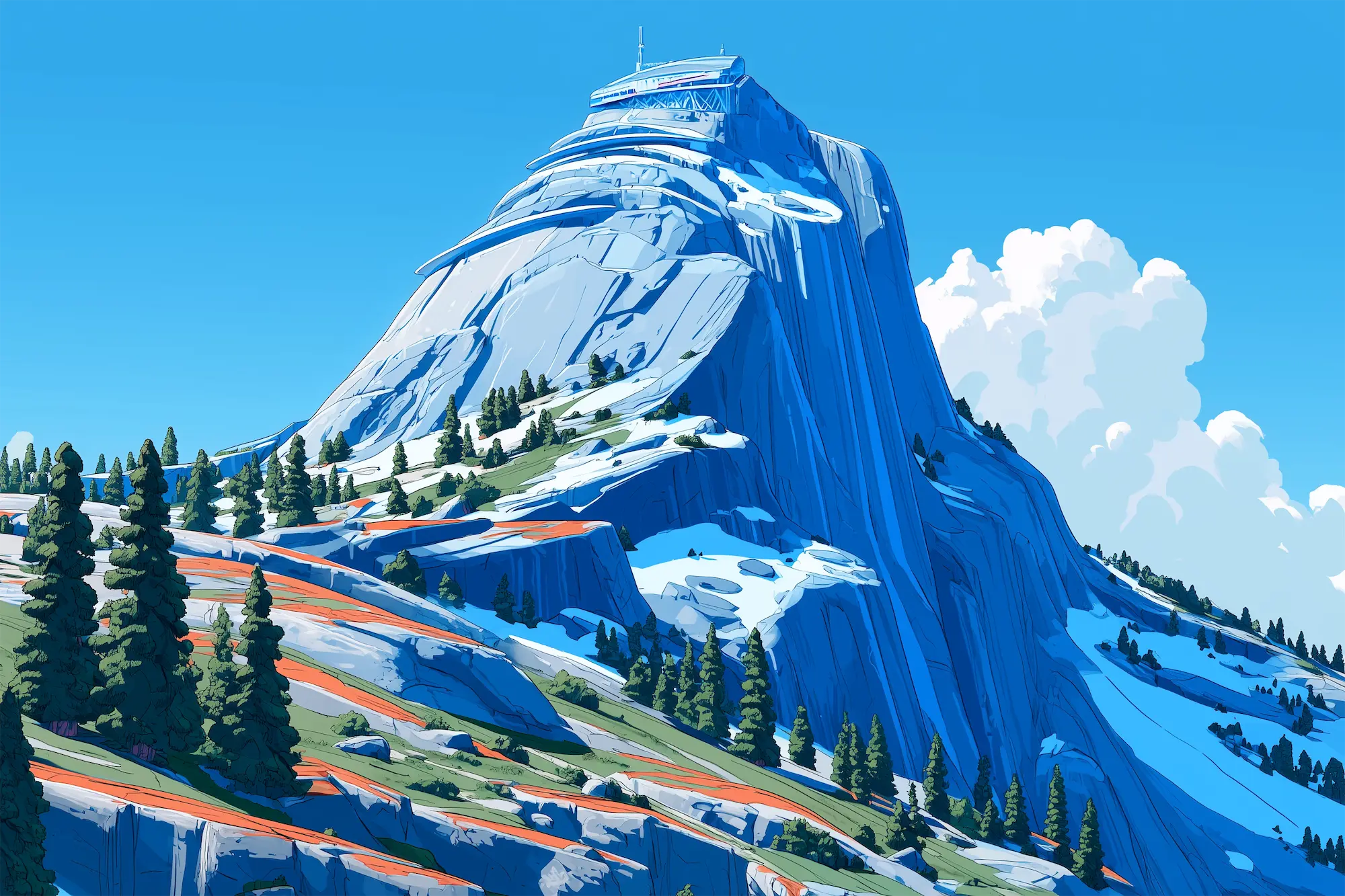 Illustration of a large rocky mountain with evergreen trees scattered around and some orange vegetation patches under a clear blue sky with white clouds.