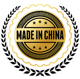 Gold and black round emblem with the text 'MADE IN CHINA' surrounded by stars and decorative patterns.