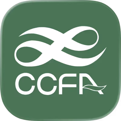 White stylized logo with double curved lines above the letters 'CCFA' on a rounded green square background.