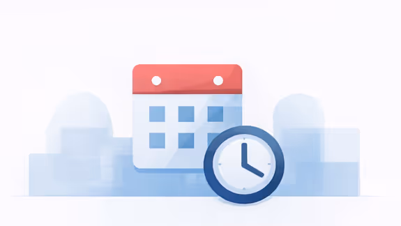 Illustration of a calendar with a red header and a clock showing 3:00 in front of a cityscape background.