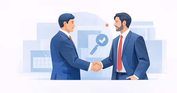 Two business men in suits shaking hands with a magnifying glass and checkmark icon in the background.