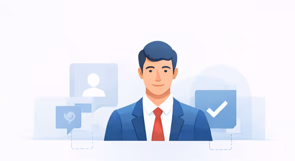 Illustration of a man in a suit with icons of a person, chat bubble, and a checkmark in the background.