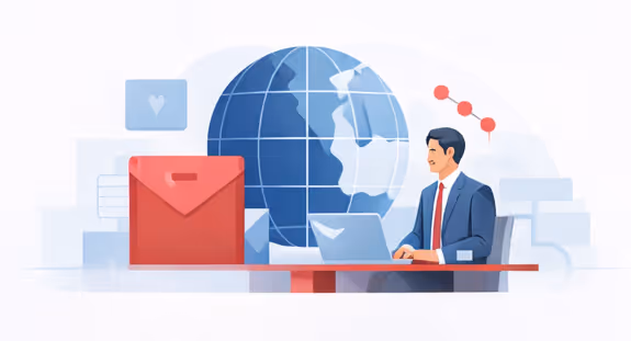 Businessman in suit working on laptop at desk with large globe and oversized red envelope icon in background.