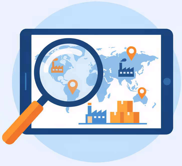 Tablet displaying a world map with factory icons and location pins, overlaid by a magnifying glass focusing on one factory icon.