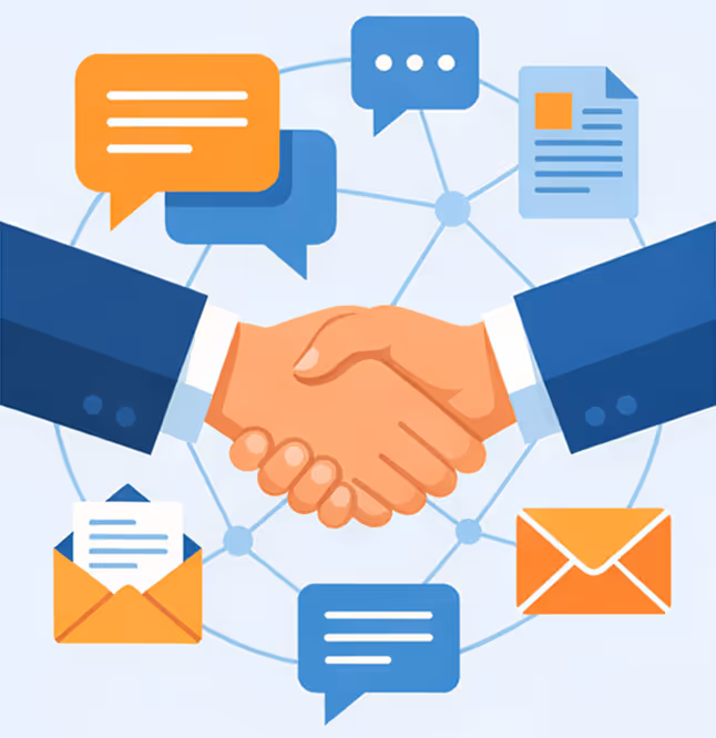 Illustration of two hands shaking surrounded by speech bubbles, envelopes, and documents symbolizing communication and agreement.
