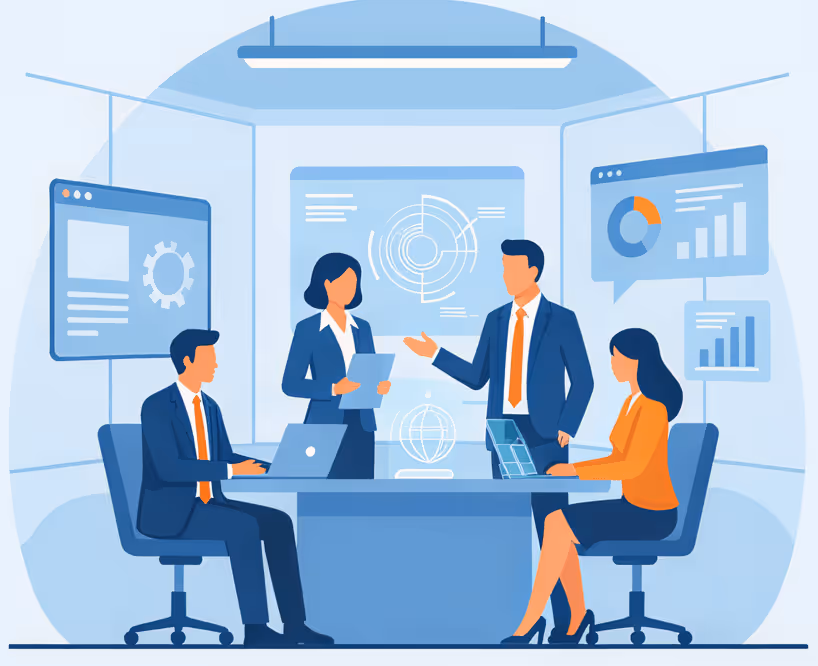 Four business professionals in a meeting room with laptops and digital data charts displayed on the walls.