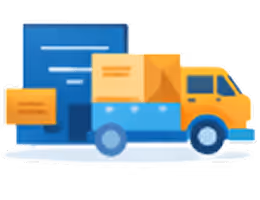 Blue and yellow delivery truck with package icons.