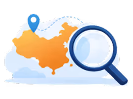 Orange map with a blue location pin and a magnifying glass overlaid on a cloud background.