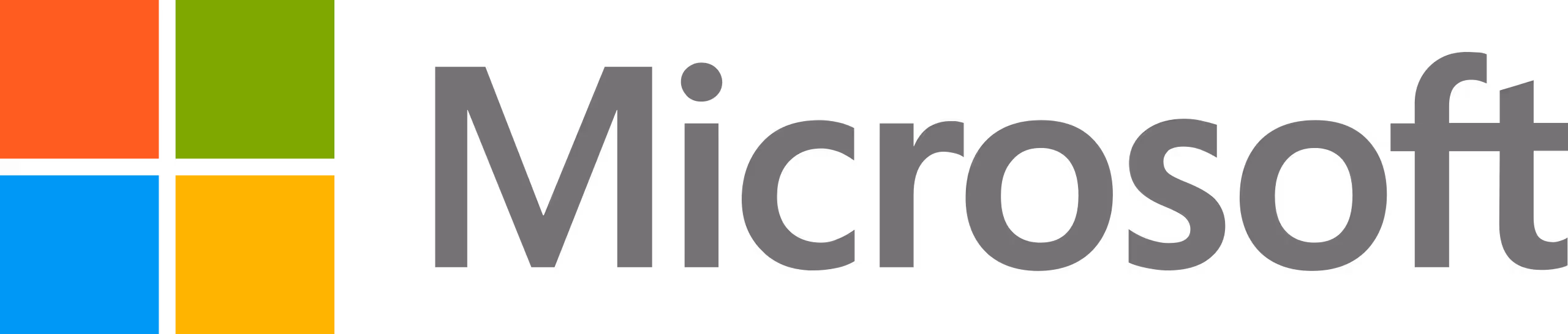 Microsoft logo with four colored squares in red, green, blue, and yellow next to gray Microsoft text.