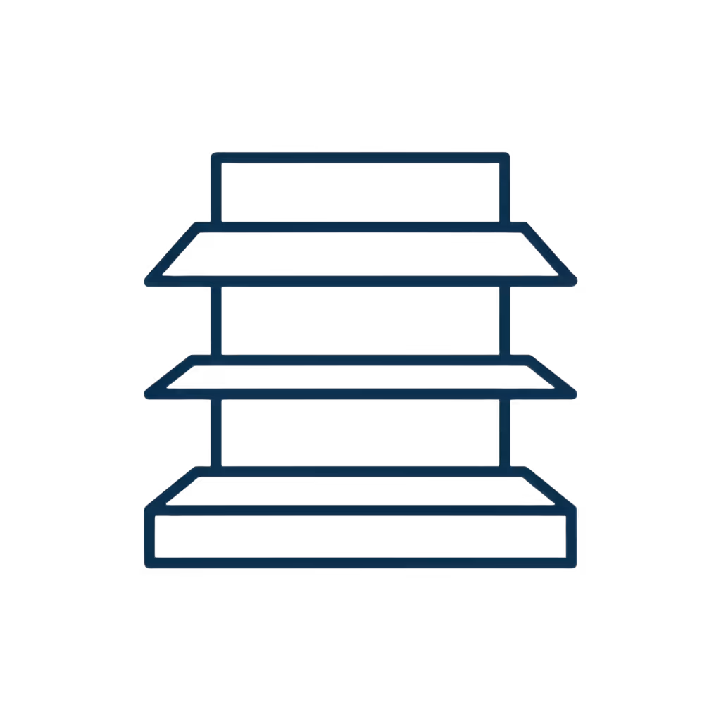 Outline icon of a three-tier retail store display shelf.
