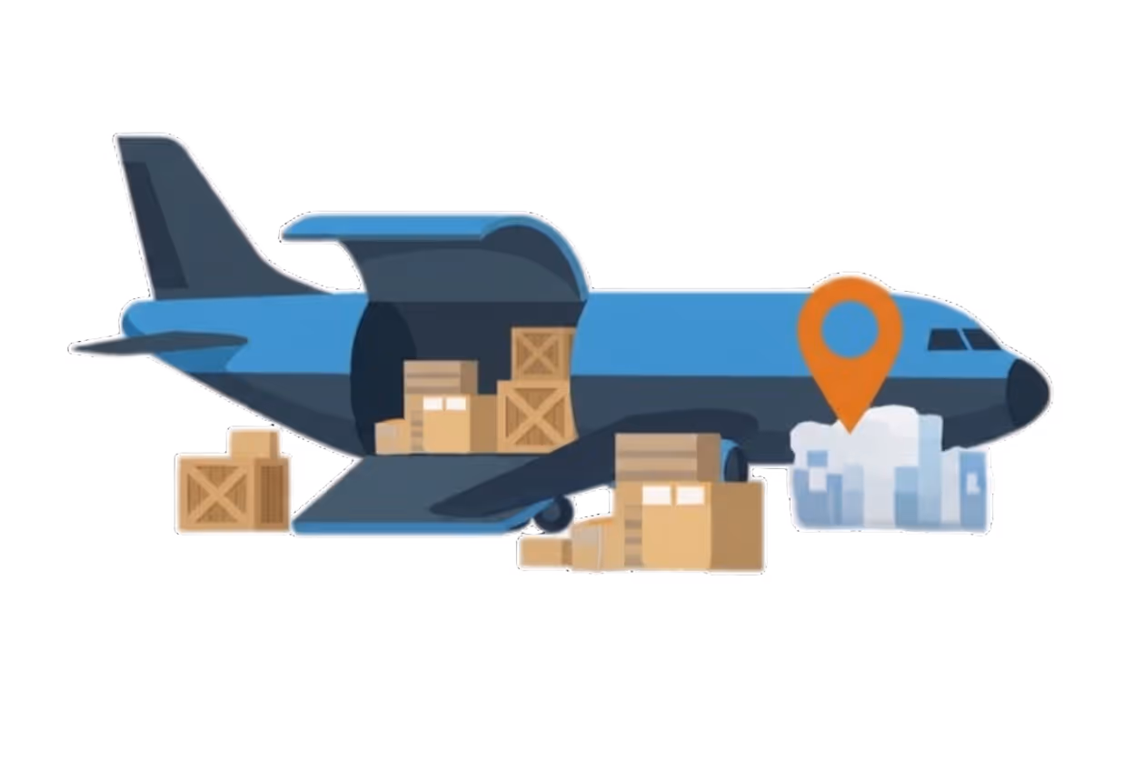 Cargo airplane with open door loaded with boxes and a location pin over a cityscape.