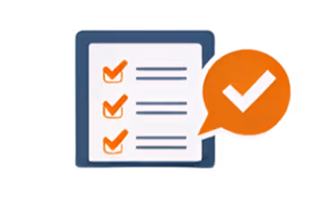 Checklist with three checked boxes and an orange speech bubble containing a white checkmark.