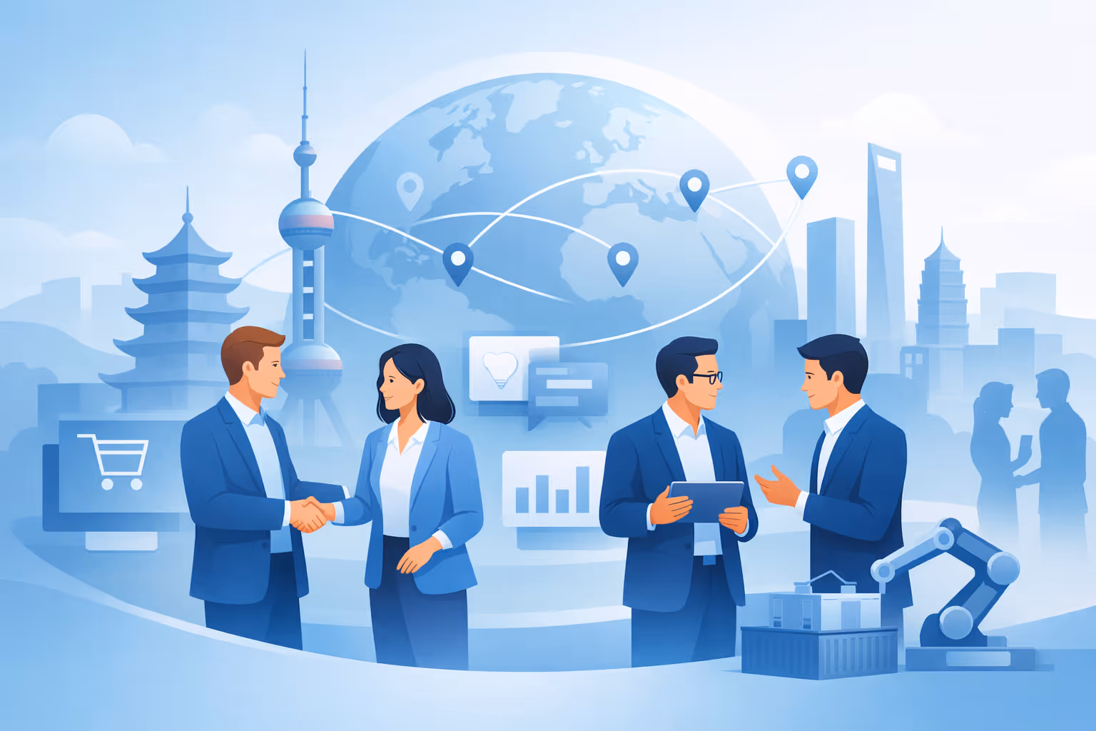 Business people shaking hands and discussing near digital global network and robotic arm representing international collaboration and technology.