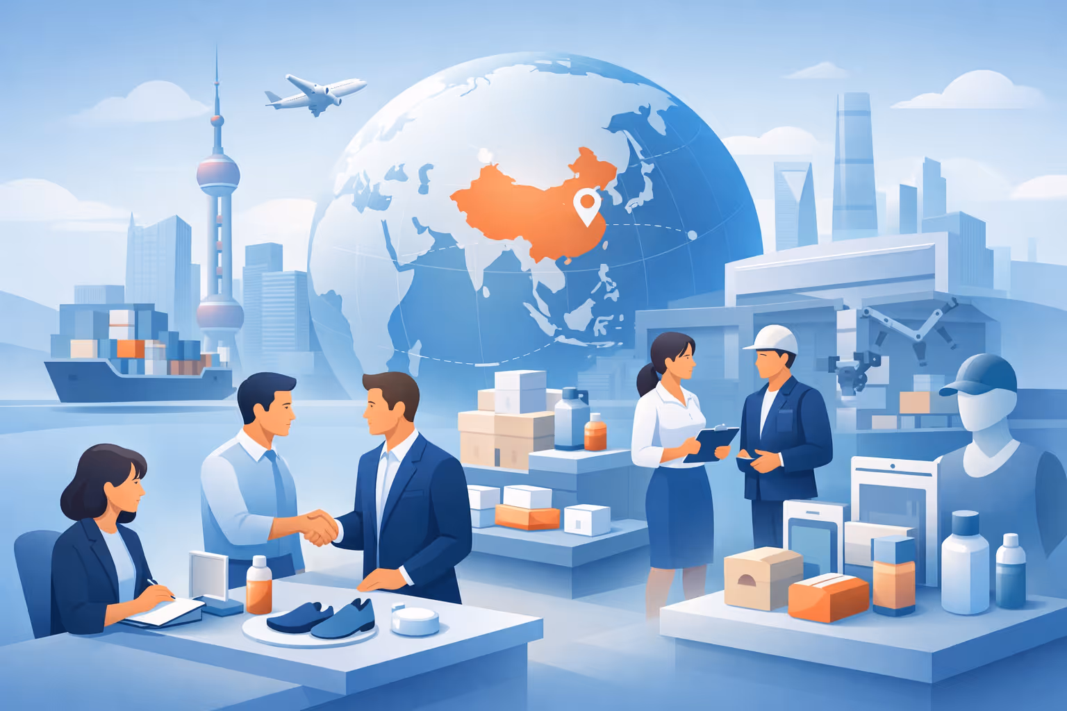 Business and logistics scene with people shaking hands, packaging products, and a globe highlighting China, set against a cityscape with cargo ship and airplane.