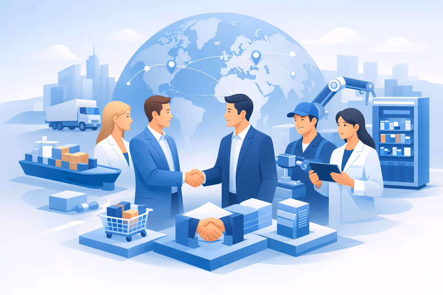 Two businessmen shaking hands in front of a globe with interconnected locations, surrounded by professionals, cargo ship, truck, robotic arm, and supply chain icons.