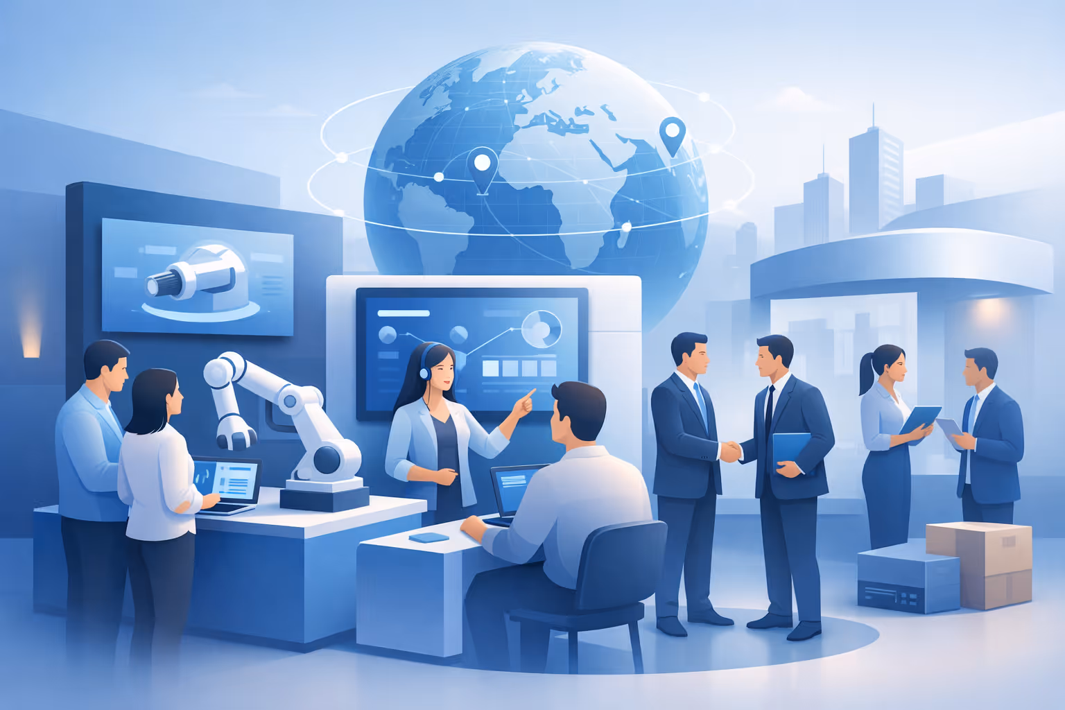 Business professionals collaborating in a high-tech office with robotic arm, laptops, digital screens, and a large globe displaying network connections.