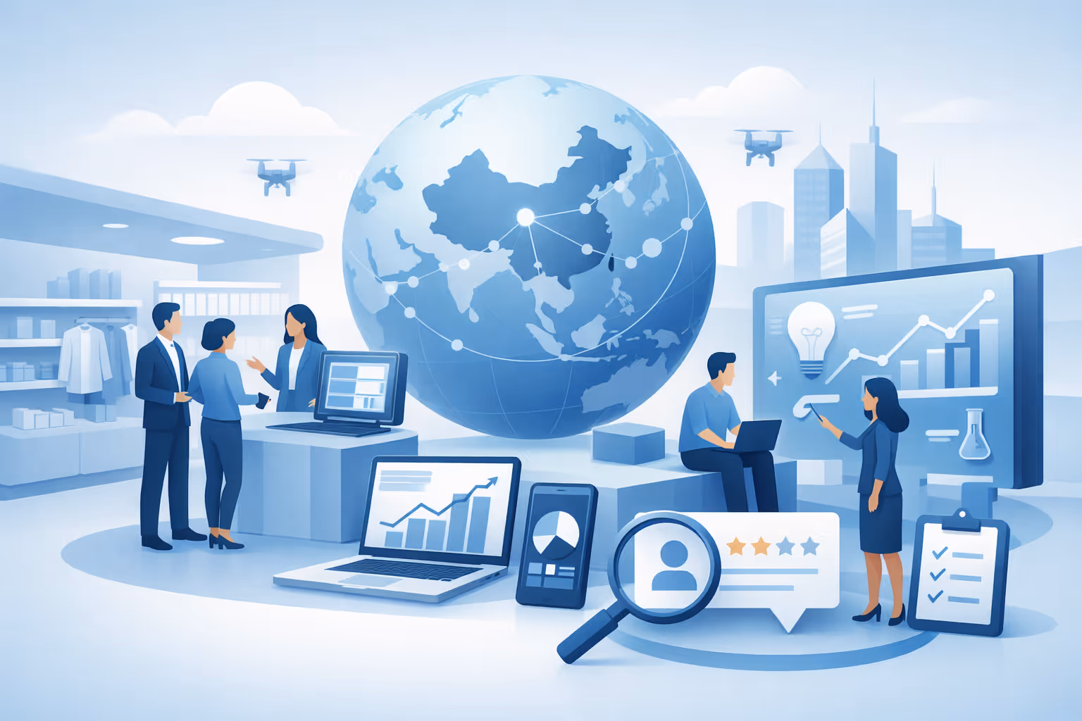 Businesspeople collaborating in a tech-driven workspace with digital charts, a globe highlighting Asia, drones, and data analytics icons.