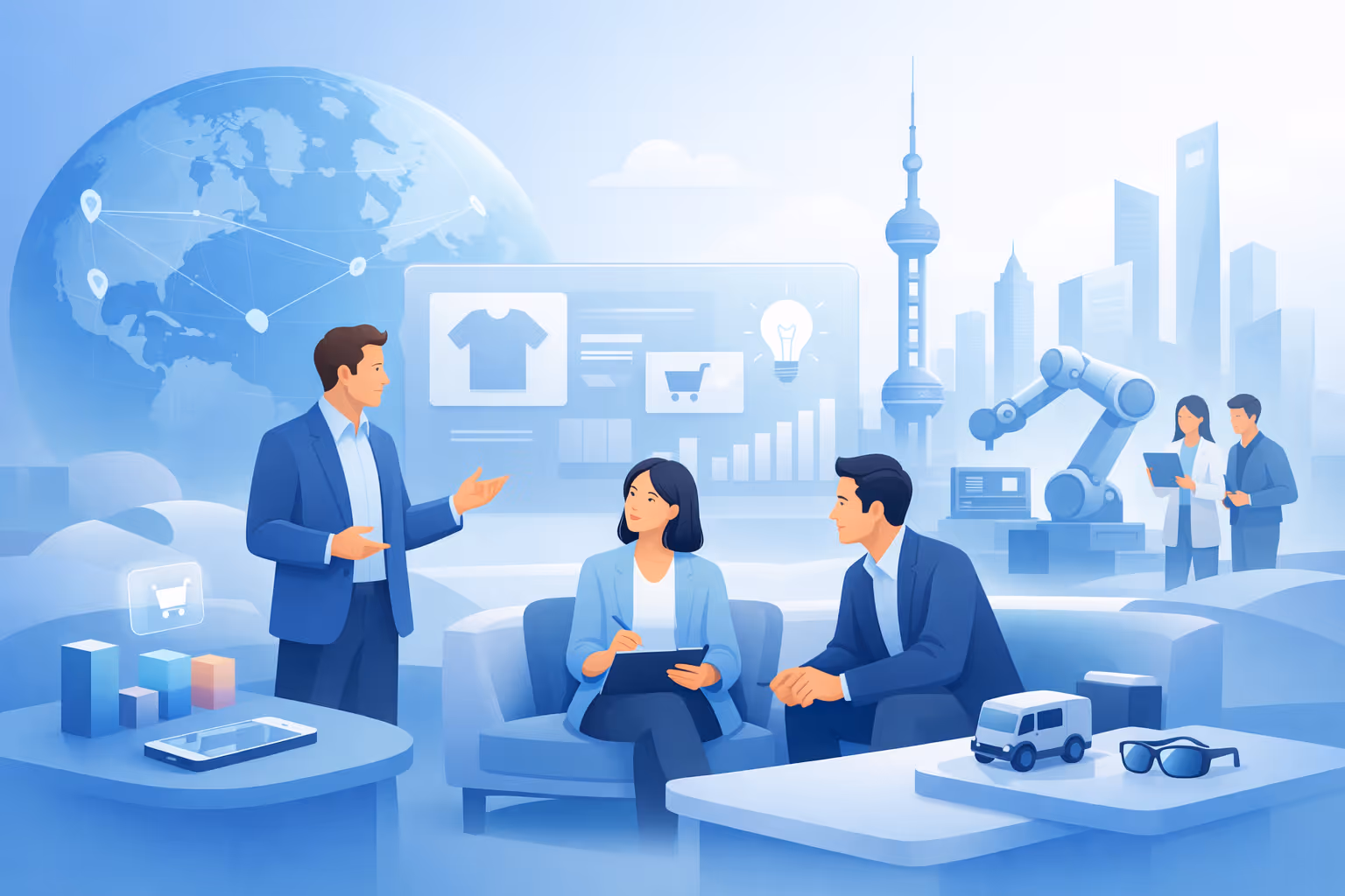 Business professionals discussing e-commerce and technology innovation with charts, a globe, and robotic arm in a modern cityscape background.