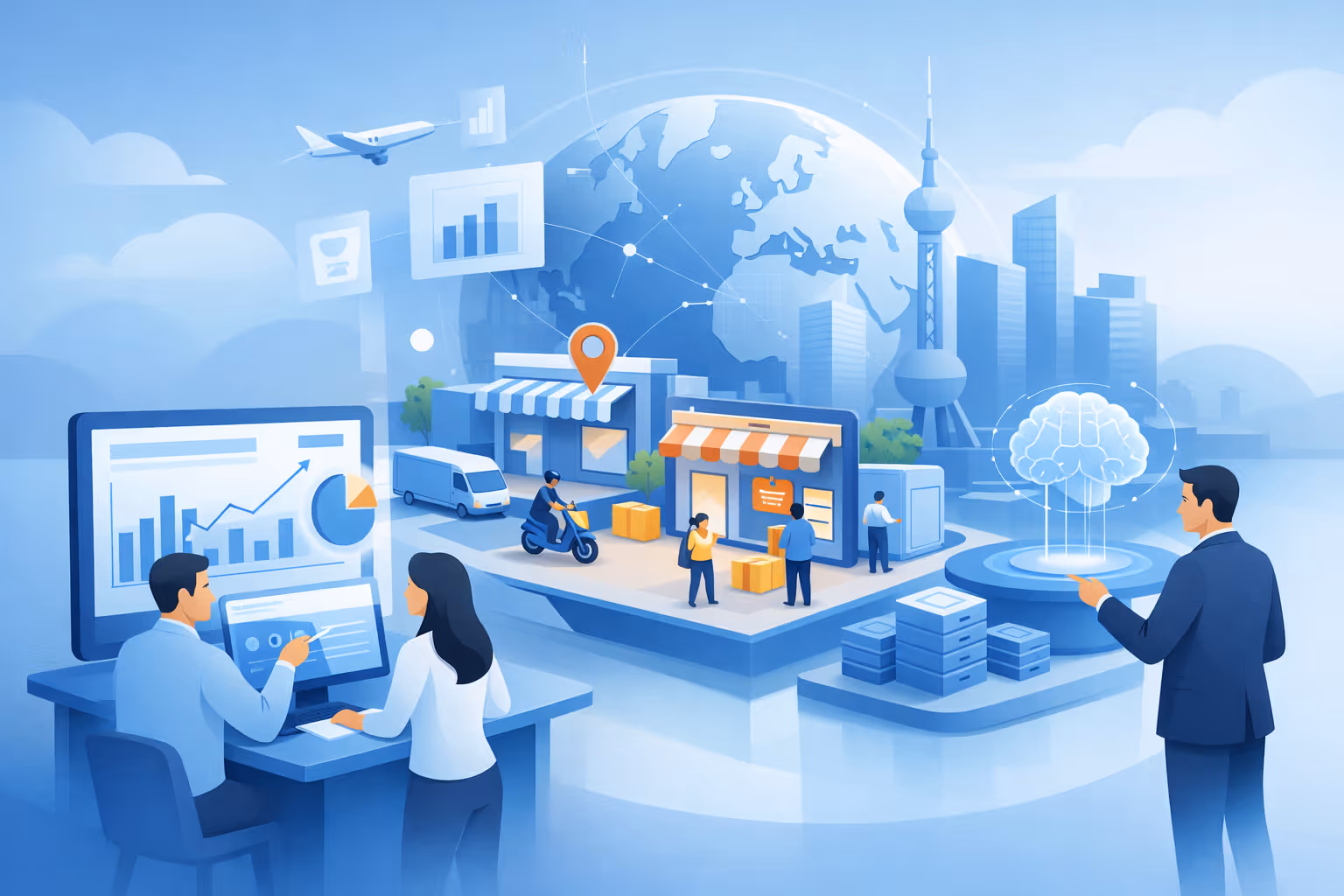 Digital illustration of global e-commerce with people shopping, online store interface, warehouse, supply chain, and data analytics connected worldwide including China.