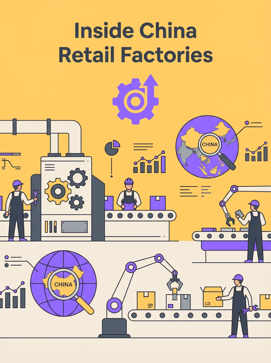Illustration of a China retail factory with workers, conveyor belts, robotic arms, and charts showing production and export data.