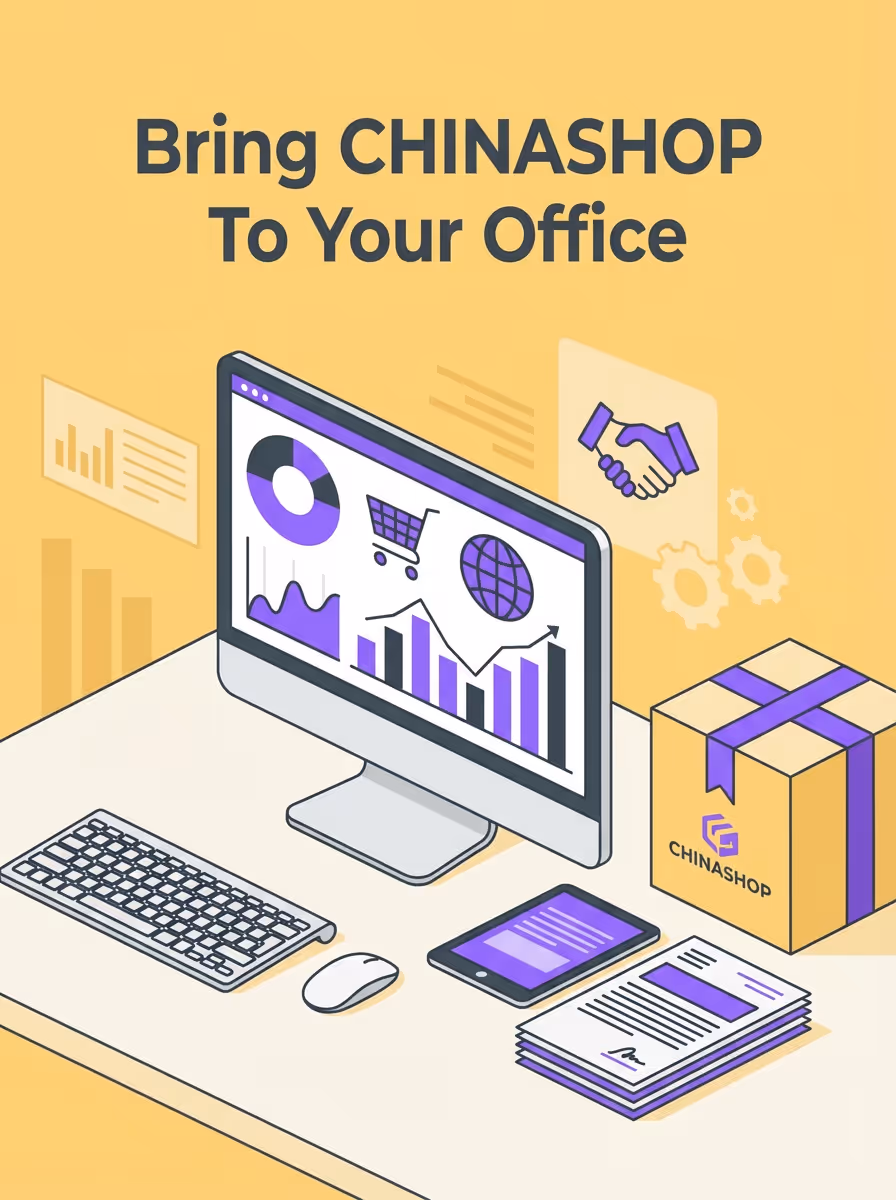 Illustration of a modern office desk with a computer displaying charts and online shopping icons, a keyboard, mouse, tablet, documents, and a CHINASHOP branded box with a ribbon.