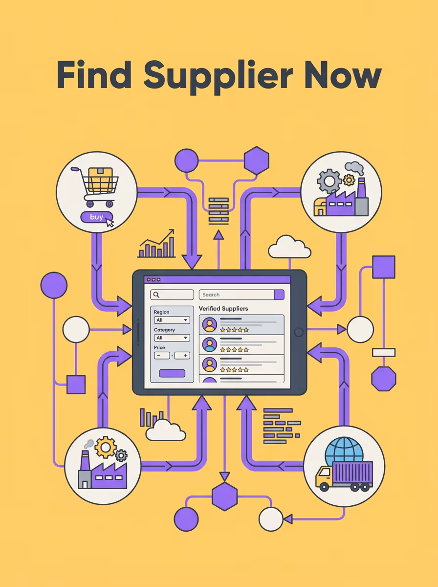 Digital screen displaying a verified suppliers search interface connected by arrows to icons of shopping cart, factories, and delivery truck on a yellow background with text 'Find Supplier Now'.