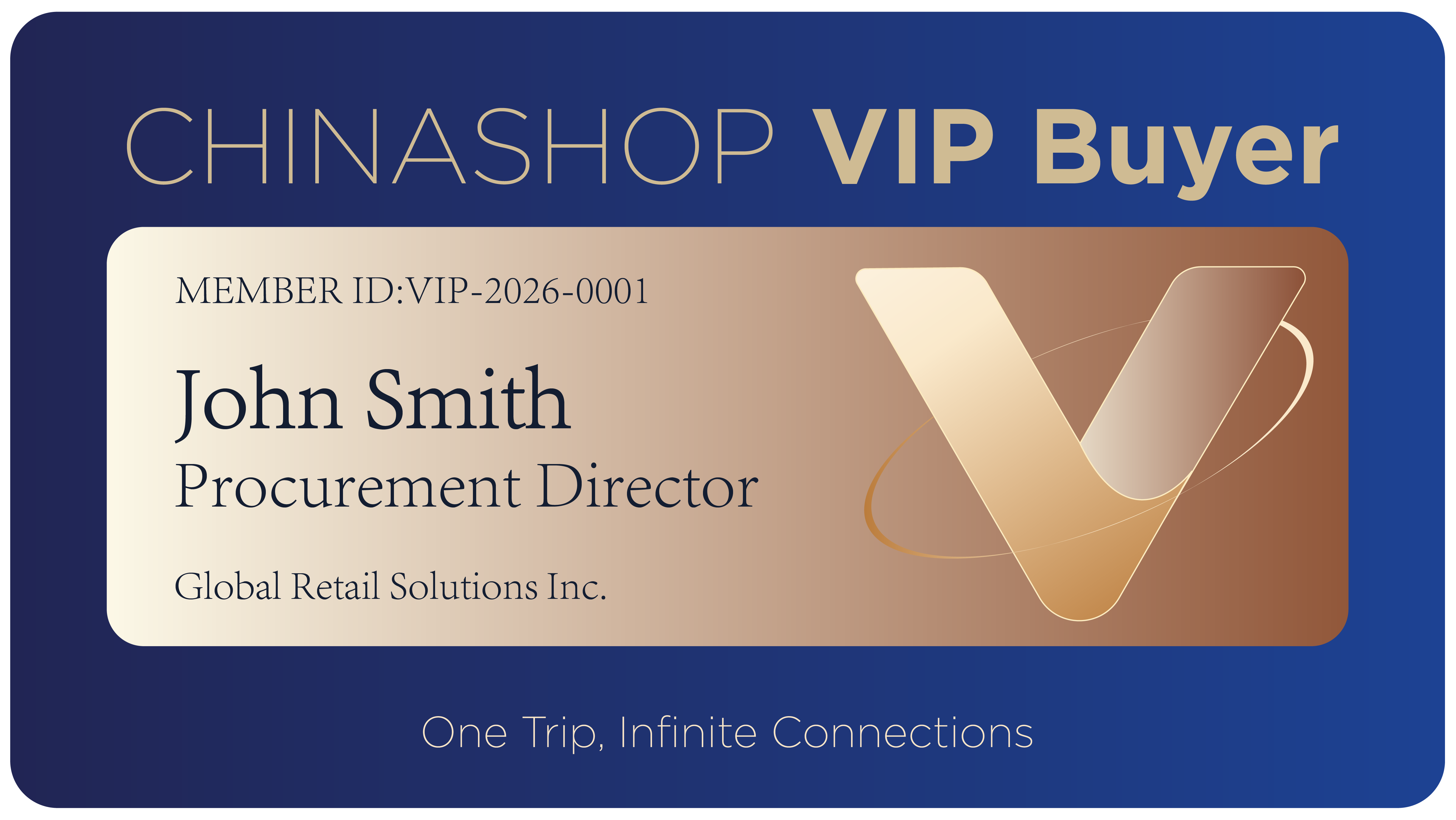 ChinaShop VIP Buyer Plan card for John Smith, Procurement Director at Global Retail Solutions Inc., member ID VIP-2026-0001, with gold and black design.